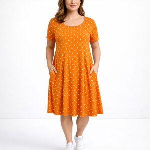 LuLaRoe Jessie Swing Dress XS Orange White Polka Dot Pocket Casual T Shirt